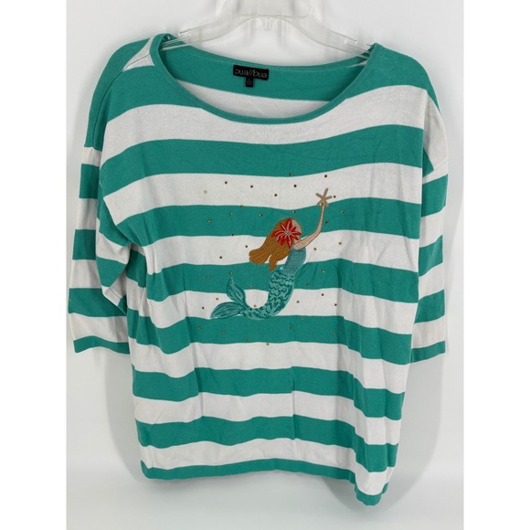 Bua Bua Womens Top Large Green White Striped Mermaid Embellished 3/4 Sleeve - Picture 1 of 8